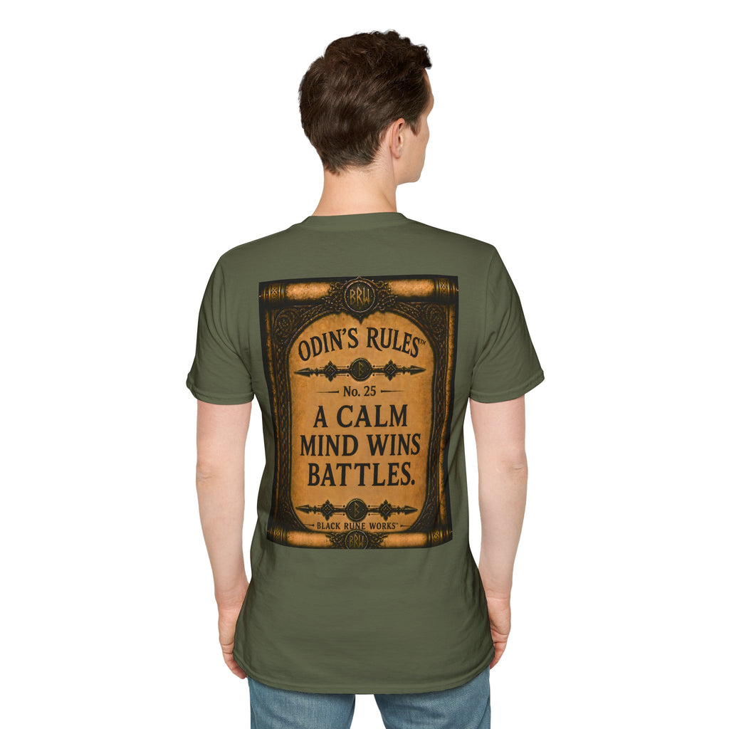 ODIN'S RULES™ No. 25 | A Calm Mind Wins Battles | Viking Scroll Graphic T-Shirt | Black Rune Works
