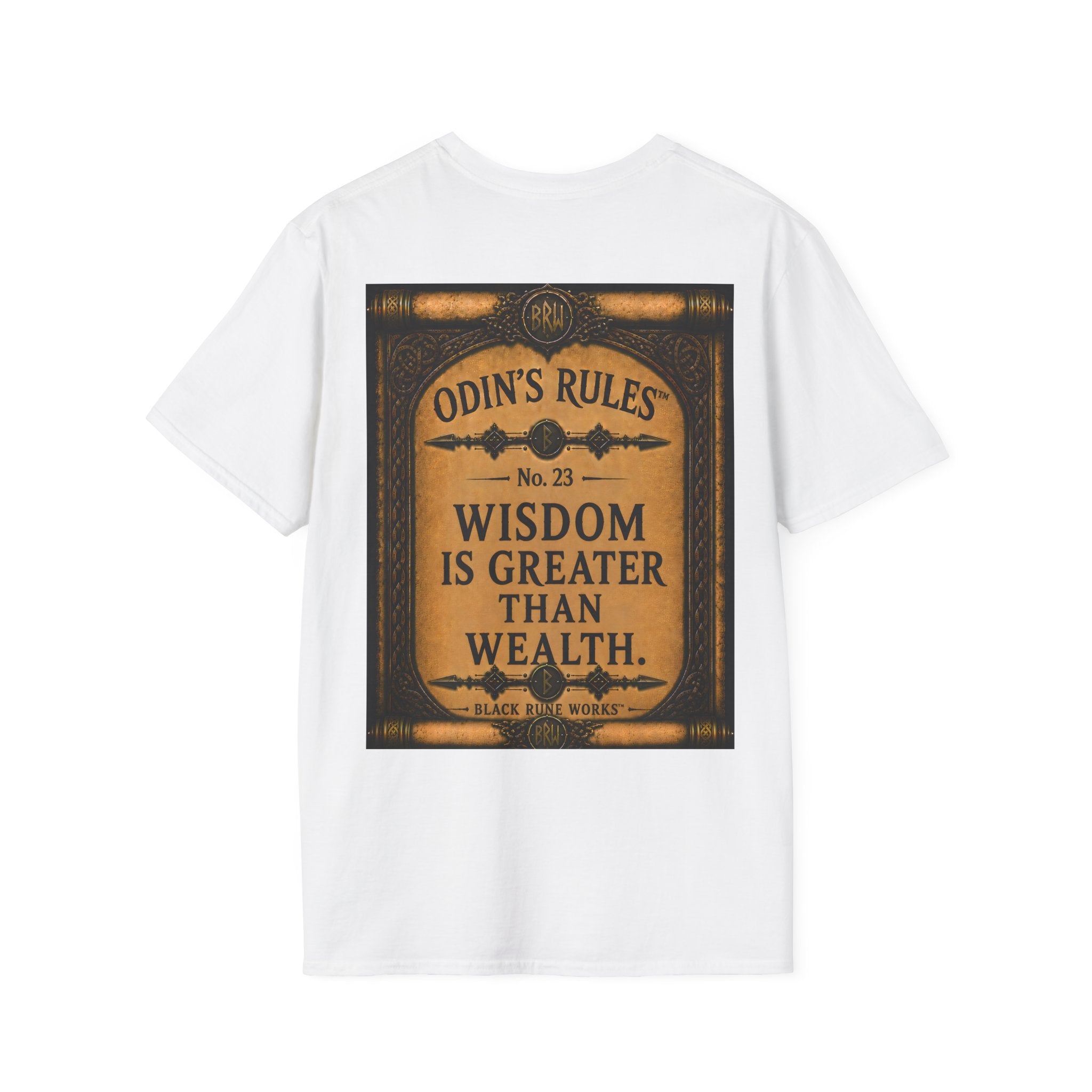 ODIN'S RULES™ No. 23 | Wisdom Is Greater Than Wealth | Viking Scroll Graphic T-Shirt | Black Rune Works