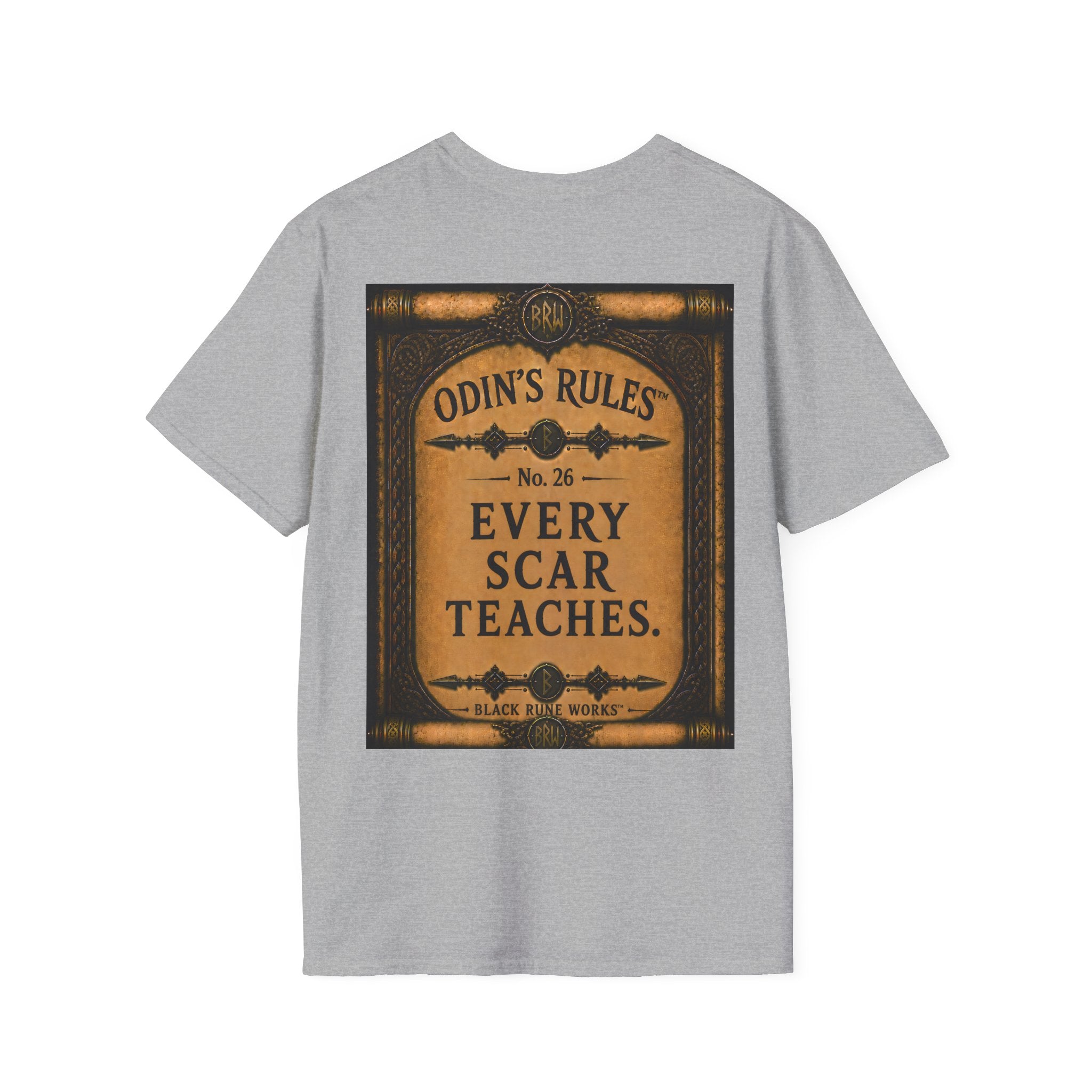 ODIN'S RULES™ No. 26 | Every Scar Teaches | Viking Scroll Graphic T-Shirt | Black Rune Works