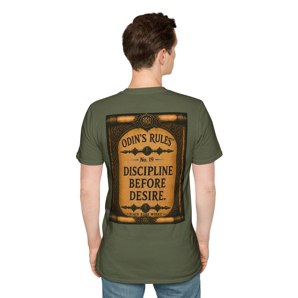 ODIN'S RULES™ No. 19 | Discipline Before Desire | Viking Scroll Graphic T-Shirt | Black Rune Works