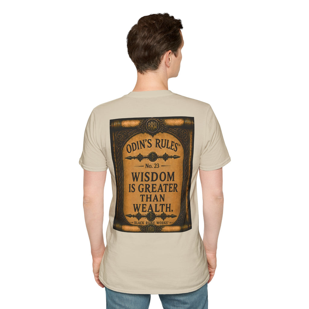 ODIN'S RULES™ No. 23 | Wisdom Is Greater Than Wealth | Viking Scroll Graphic T-Shirt | Black Rune Works
