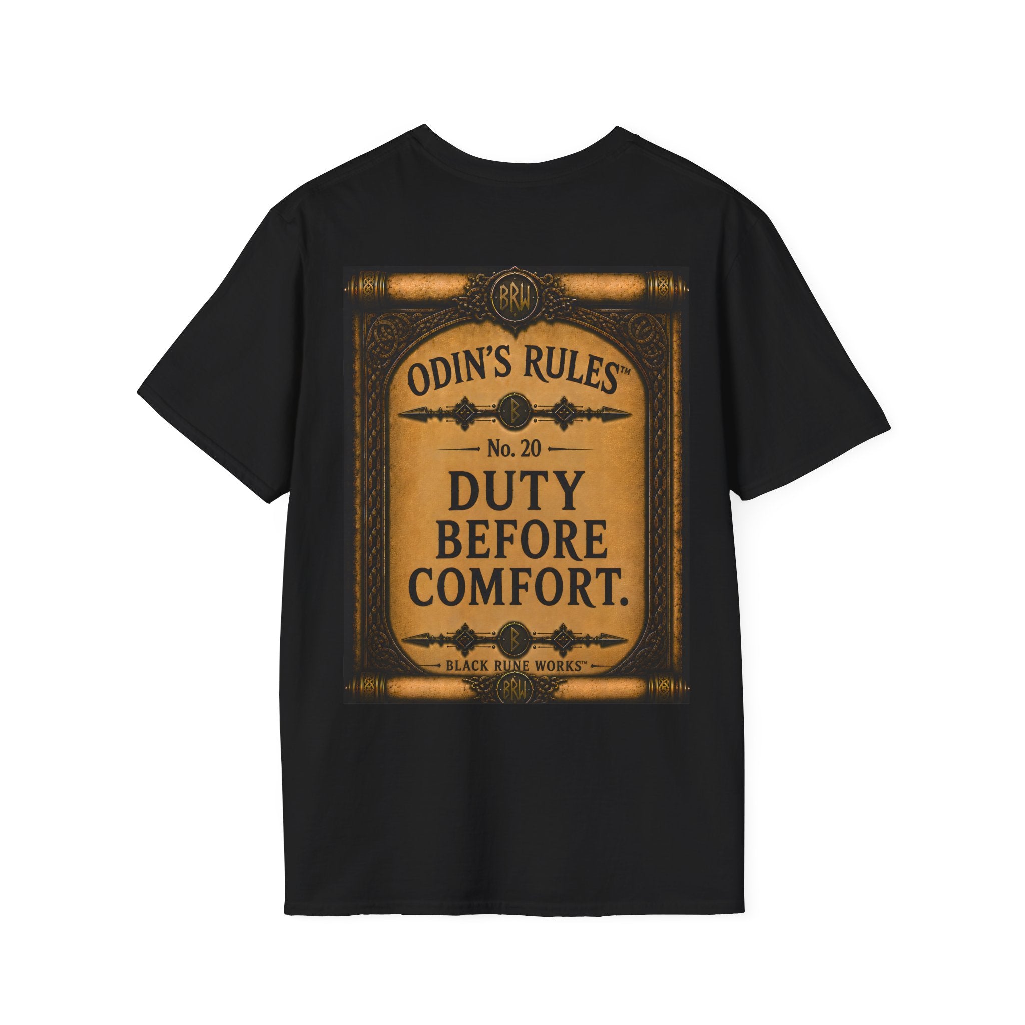ODIN'S RULES™ No. 20 | Duty Before Comfort | Viking Scroll Graphic T-Shirt | Black Rune Works