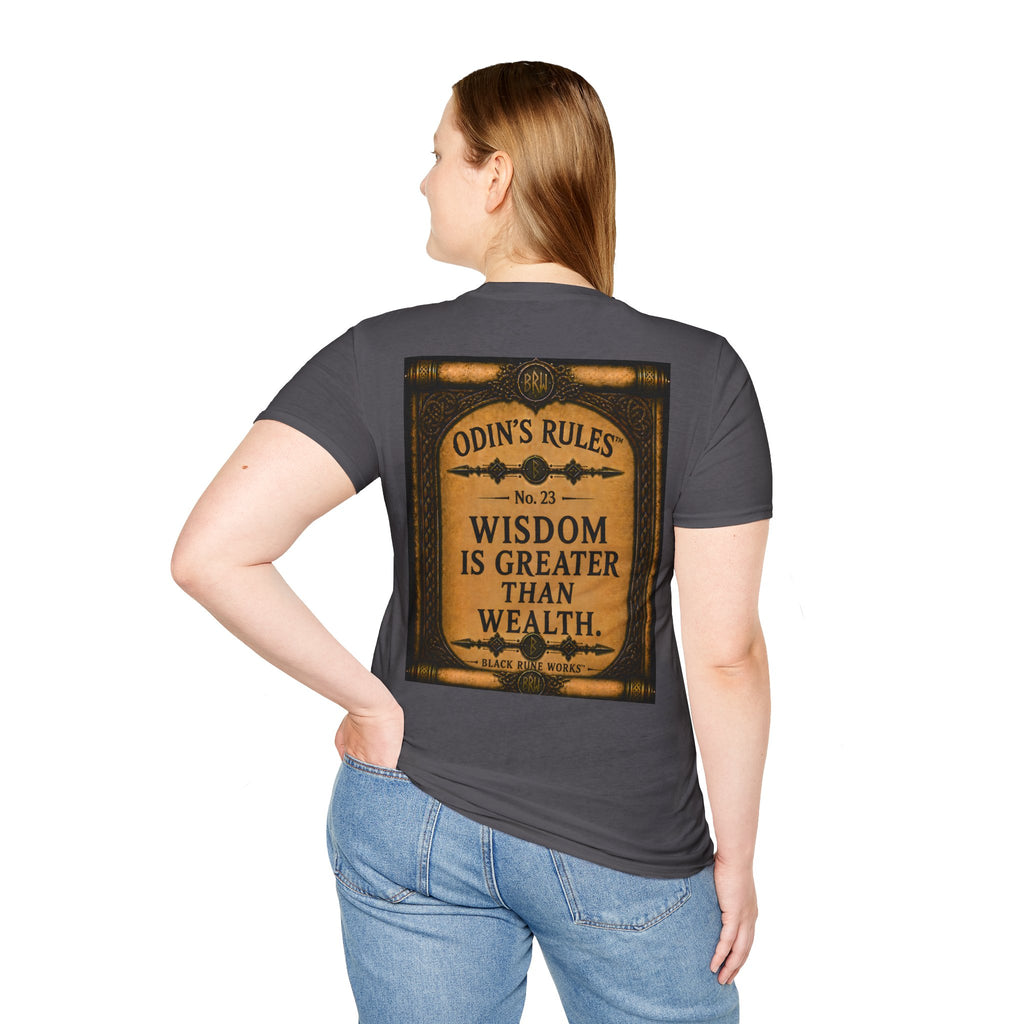 ODIN'S RULES™ No. 23 | Wisdom Is Greater Than Wealth | Viking Scroll Graphic T-Shirt | Black Rune Works