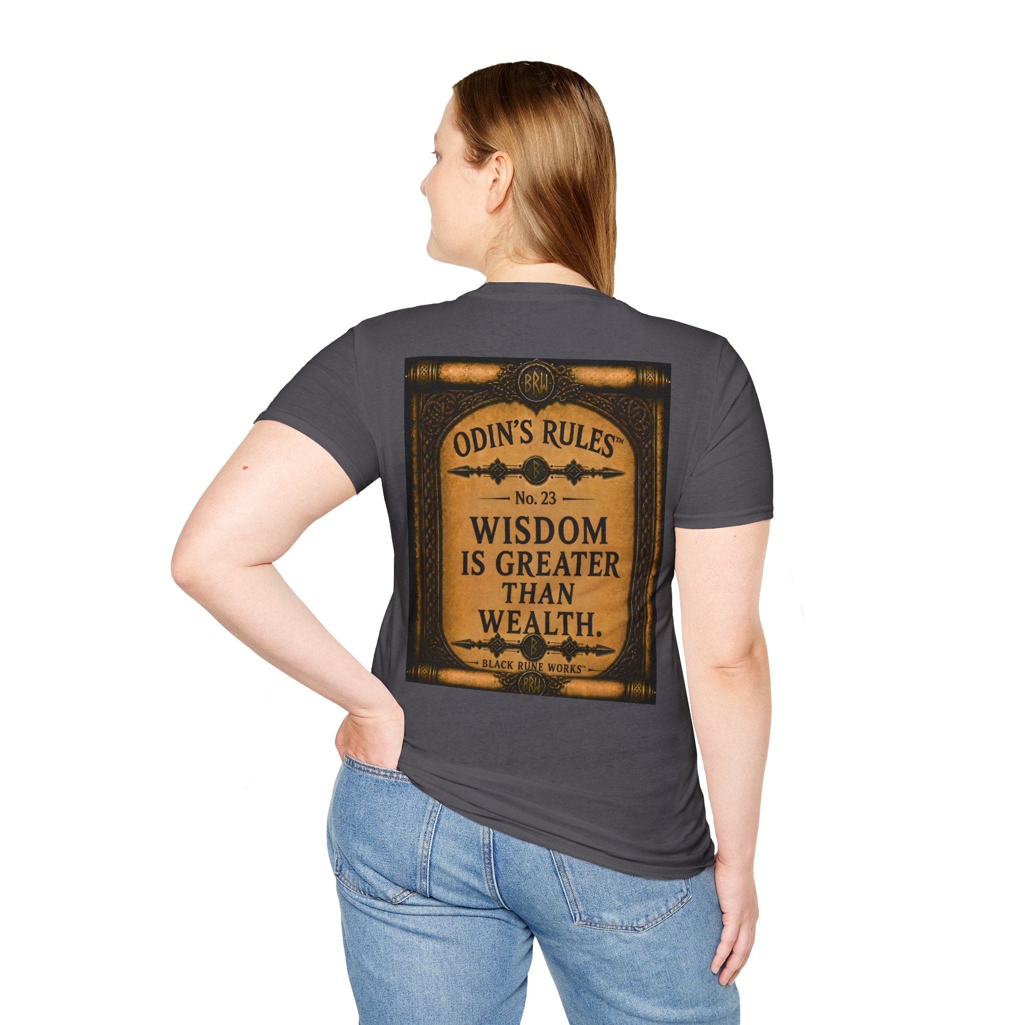 ODIN'S RULES™ No. 23 | Wisdom Is Greater Than Wealth | Viking Scroll Graphic T-Shirt | Black Rune Works