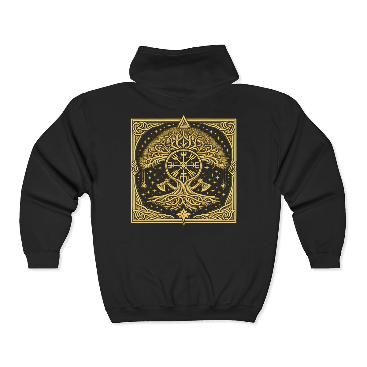 Gold Viking Yggdrasil Tree Zip-Up Hoodie — Norse Mythology Rune Design