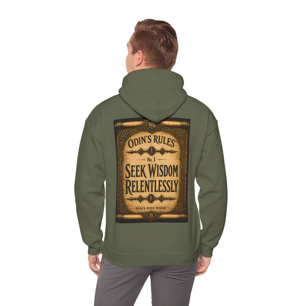 ODIN'S RULES™ No. 1 | Seek Wisdom Relentlessly | Viking Scroll Graphic Hoodie | Black Rune Works