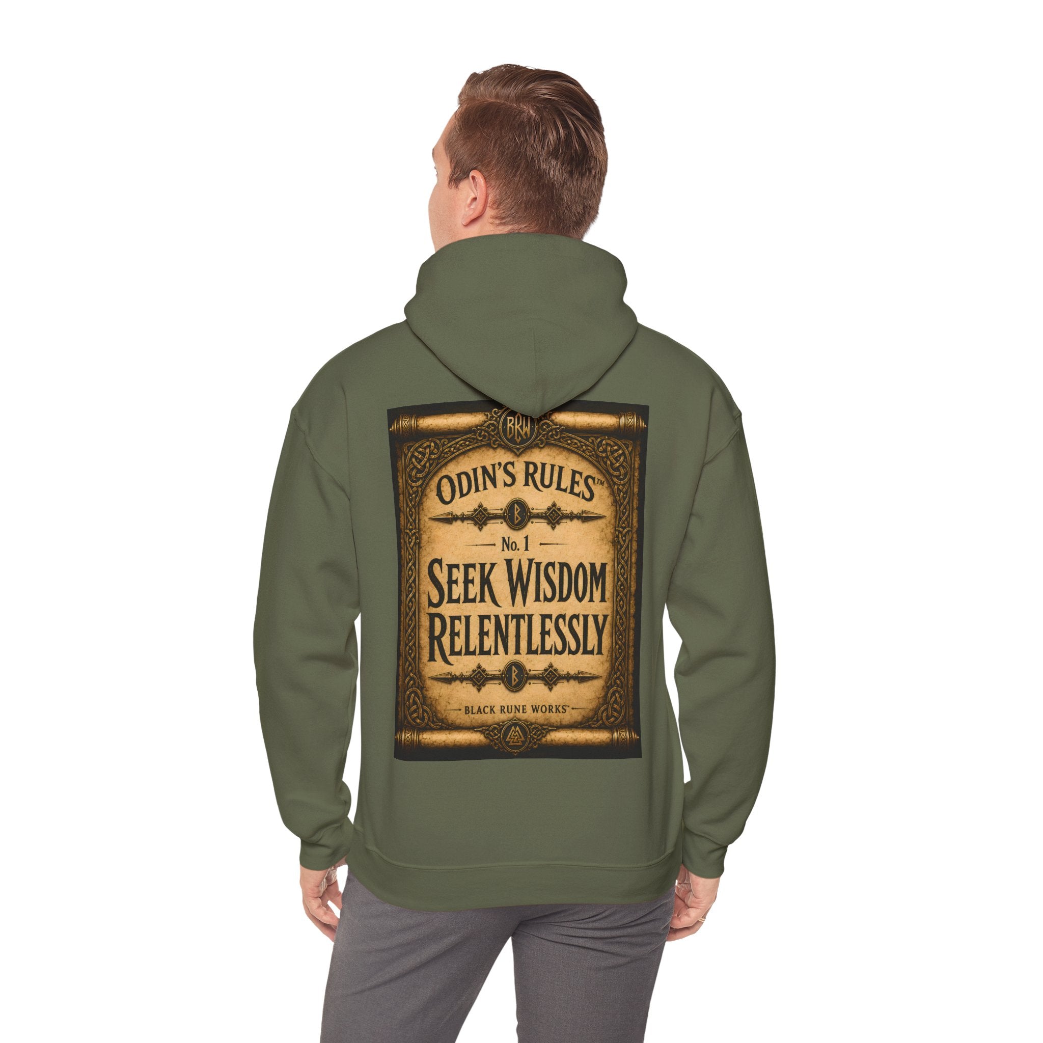 ODIN'S RULES™ No. 1 | Seek Wisdom Relentlessly | Viking Scroll Graphic Hoodie | Black Rune Works